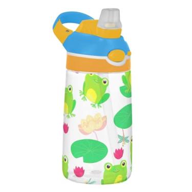 Imagem de Garrafa de água infantil Cheerful Cute Green Frogs com canudo 473 ml Tritan 473 ml Garrafa de água de plástico reutilizável portátil para crianças, à prova de vazamento, alça de transporte