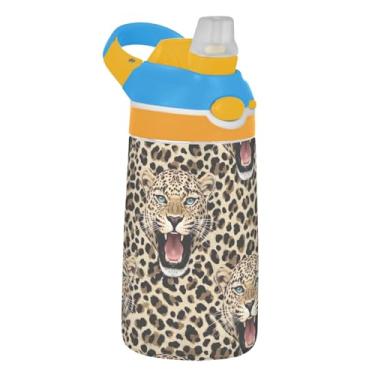 Imagem de Garrafa de água infantil Tritan de 473 ml, portátil, 473 ml, com canudo à prova de vazamento, copo de viagem para crianças, alça de transporte, cabeças de arte de leopardos ferozes