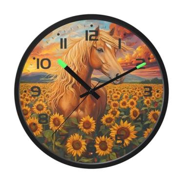 Imagem de SEHANY Relógio de parede artístico majestoso cavalos silencioso, sem tique-taque, relógio redondo operado por bateria, controle de som, luz noturna, relógios de parede para sala de estar, cozinha
