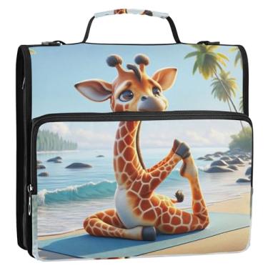 Imagem de Organizador de fichário com zíper para negócios, 3 anéis, anel D de 3,8 cm, girafa, animal, fofo, vários bolsos, pasta grande para fichário de ensino médio com alça