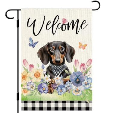 Imagem de DLZDN Welcome Spring Dachshund Bandeira de jardim para cães 30,5 x 45,7 cm, dupla face, vertical, serapilheira, quintal, sinalização sazonal, decoração ao ar livre