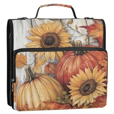 Imagem de Fichários festivos de flores de abóboras de outono de 3 cm 3 anéis resistentes com zíper organizador de fichário com alça para escola, suporte de 500 folhas