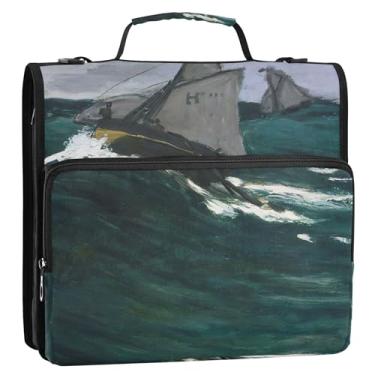 Imagem de Fichários grandes de 3 cm com 3 anéis, pintura de Claude Monet, onda verde, com zíper, organizador de pasta de armazenamento com alça e alça para escola