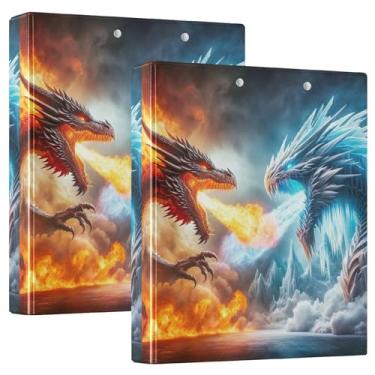Imagem de Fichários com estampa de dragão de gelo de 3 cm com 3 anéis para 200 folhas, pastas de portfólio de impressão divertida, fichário de apresentação de anel redondo, 31,5 x 27 x 6 cm, pacote com 2