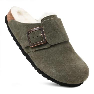 Imagem de AEROTHOTIC Tamancos femininos forrados com pele de couro genuíno com suporte de arco de espuma viscoelástica cortiça macia comida uso o dia todo casual conforto batata sapatos mules, Verde, 9-9.5