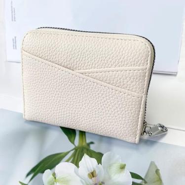 Imagem de Carteira feminina pequena de couro sintético, resistente à água, porta-cartões de crédito com bolso para moedas, Bege, Tendência