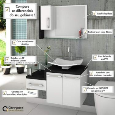 Imagem de Conjunto para Banheiro Gabinete com Cuba F44 e Espelheira Legno 830w Branco/preto Ônix