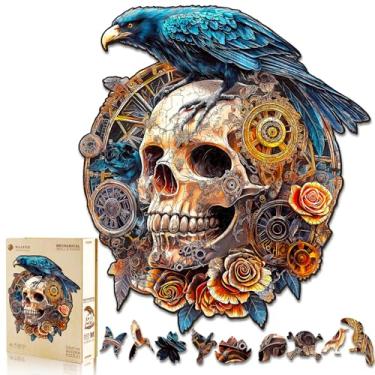Imagem de KAAYEE Quebra-cabeças de madeira para adultos, efeito visual 3D corvo e crânio mecânico de madeira forma única quebra-cabeça de madeira adulto, quebra-cabeça plano com efeito 3D, aniversário família
