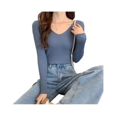 Imagem de Suéter Feminino De Tricô Gola V Slim Fit Manga Longa Cor Sólida Moda C