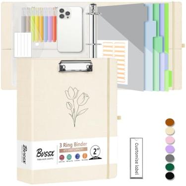 Imagem de Organizador de fichário de linho com 3 anéis de 5 cm, fichário BVSSX com três anéis com prancheta, pasta de plástico, divisórias de bolso de 5 abas com etiquetas adesivas, alça para caneta, alça