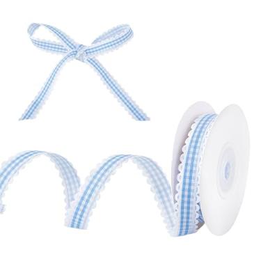 Imagem de letsinstyle Fita xadrez guingão de 20 metros, fita recortada de poliéster de 0,59 polegadas, acabamento de renda com borda plissada azul vintage para embrulho de presente, buquês de flores, decoração