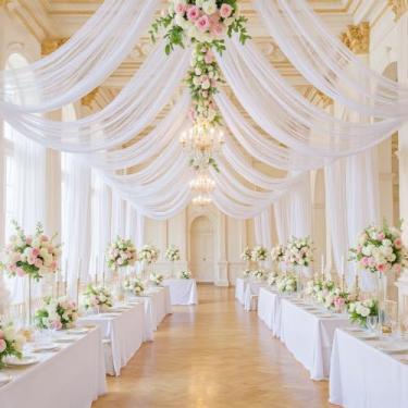 Imagem de Cortinas brancas de teto de casamento (6 painéis) – Tecido de tule de 1,5 m x 3 m para drapeado de arco, cenários de cerimônia de casamento, decoração de festa de palco