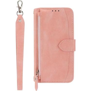 Imagem de ORKDFJ Capa de pulseira para iPhone 15 Pro Max/15 Plus/15 Pro/15, capa carteira de couro PU com slots de cartão e suporte com zíper carteira (cor: rosa, tamanho: 15 Pro 6,1 polegadas)