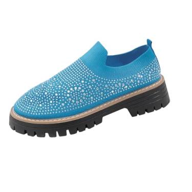 Imagem de Sapatos femininos de salto médio, bico redondo, respirável com strass, casual, malha confortável, Azul royal, 39