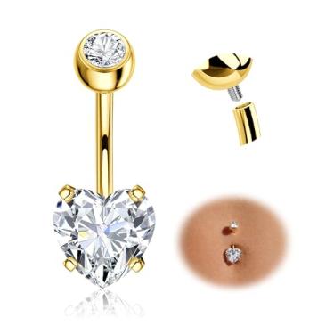 Imagem de Tungary G23 Anel de umbigo de titânio hipoalergênico 14G × 10 mm joia de piercing de umbigo com rosca interna 5A+ coração zircônia cintilante: banhado a ouro 14K