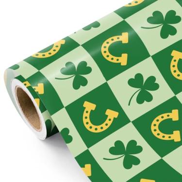 Imagem de WRAPAHOLIC Rolo de papel de embrulho do Dia de São Patrício - Mini rolo - 43 cm x 40 cm - Papel de embrulho de ferradura dourada e trevo verde para Dia de São Patrício, aniversário, chá de bebê
