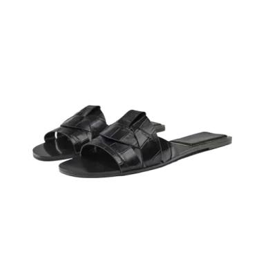 Imagem de Pantufas femininas planas de verão tecidas com confortáveis sapatos femininos casuais chinelos femininos chinelos de exterior (preto, pequeno)