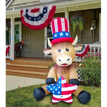 Imagem de mowholm Decoração Inflável De 4 Pés Para O Dia Da Independência Patriótica, Julho, Vaca Das Terras Altas Segurando Um Coração Americano, Iluminada Por Led, Casa, Quintal, Área Externa E Interna