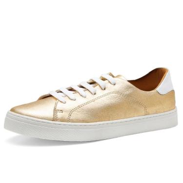 Imagem de Tênis feminino Pierrô slip on couro legítimo cor ouro com detalhe cor branco-Feminino