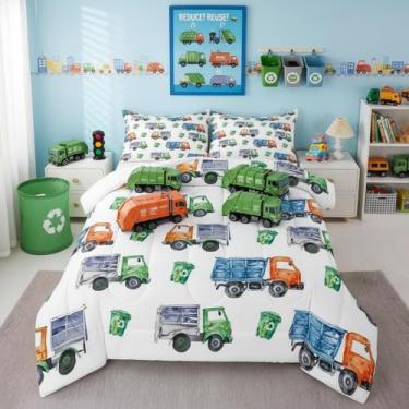 Imagem de Conjunto de edredom com desenho animado de caminhão de lixo verde para crianças, meninos, meninas, veículo verde, carro, classificação de lixo, 2 peças, tamanho infantil