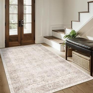 Imagem de Tapete lavável 3x5 para sala de estar, quarto, sala de jantar, antiderrapante, boho, vintage, envelhecido, tapete de entrada, tradicional, floral, retrô, para sala de jantar, banheiro, cozinha, bege