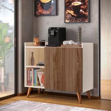 Imagem de Aparador buffet com duas portas e prateleiras, pés em madeira e prateleira de arrumação(off madeirado)