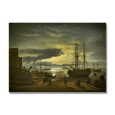 Imagem de NHLDZYH J.C. Dahl Reprodução de arte famosa, arte em tela de paisagem romântica nórdica, decoração de parede elegante para sala de estar e escritório. (Porto à luz do luar). 50 x 70 cm - 19,6 x 27,5