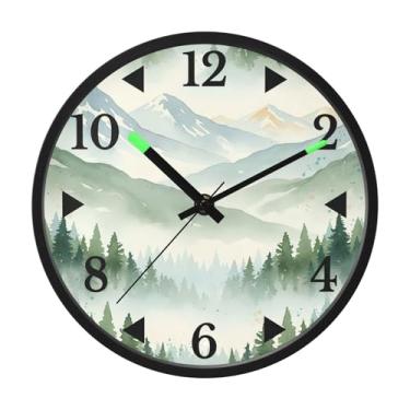 Imagem de STAYTOP Relógio de parede de LED Ink Green Mountain Range para quarto com brilho noturno, relógios de parede silenciosos de 30 cm para decoração de sala de estar, controle de som, relógio de parede