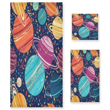Imagem de xigua Conjunto de toalhas de banheiro coloridas planetas absorventes macias 3 peças toalha de banho toalha de mão toalhas decorativas para banheiro, academia, hotel, praia, piscina
