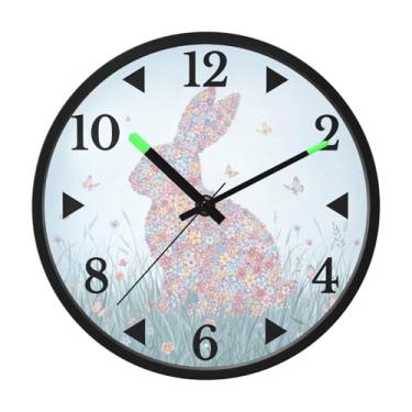 Imagem de STAYTOP Coelho feito de lindas flores relógio de parede LED para quarto brilho noturno, relógios de parede com iluminação silenciosa de 30 cm para decoração de sala de estar, controle de som, relógio