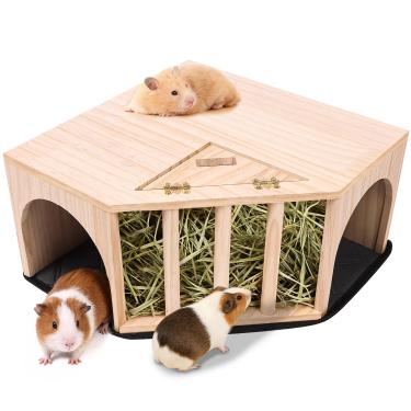 Imagem de Kalolary Esconderijo de canto de porquinho-da-índia de madeira com almofada de xixi, esconderijo de animais pequenos com alimentador de feno, esconderijo de hamster para camundongos chinchila, ratos e