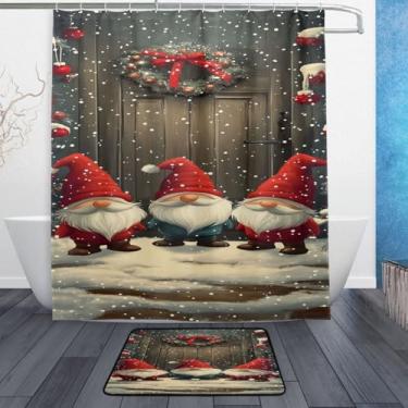 Imagem de xigua Gnomos de Natal fofos conjuntos de tapetes de cortina de banho 2 peças, conjunto de tema de banheiro (152 x 182 cm) com cortina de chuveiro e tapete antiderrapante -12 ganchos447