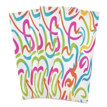 Imagem de Wassud Toalhas de prato coloridas de traços de cozinha, pacote com 4 panos de prato macios com laço para pendurar, toalha de mão de secagem rápida, super absorvente, toalhas de chá de mesa decorativas