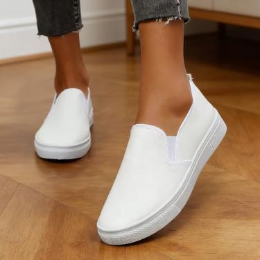 Imagem de Sapatos rasos casuais femininos – Tênis sem cadarço sem cadarço, cabedal de couro confortável para enfermeiros, uso diário casual e turnos longos, calçados leves de corte baixo, Branco, 36