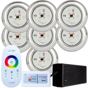 Imagem de Kit 7 Refletores Led 9w RGB Inox S e Comando para Iluminação Piscina -