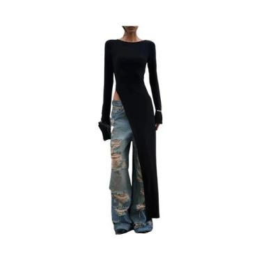 Imagem de Vestido Maxi Feminino De Manga Longa Com Fenda Alta Dulzura Sexy Sólid