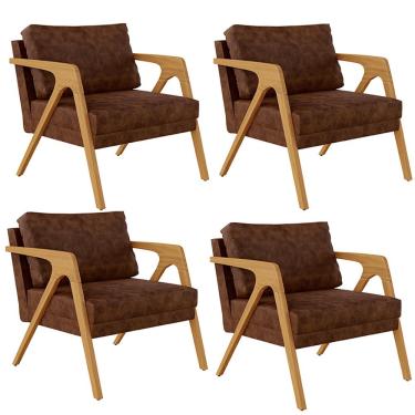 Imagem de Kit 04 Poltronas Decorativa Sala Estar Pietra Com Estrutura Madeira L02 Couríssimo Marrom-Lyam Decor