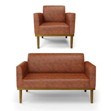 Imagem de Conjunto Poltrona e Namoradeira Decorativa Isabella Pés Fixo em Madeira Castanho PU Nozes G19 - Gran Belo