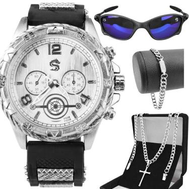 Imagem de Relogio Aço Inox + Pulseira + Cordão + Oculos Sol Casual Silicone Qualidade Premium Presente Social