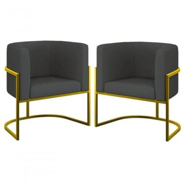 Imagem de Kit 2 Poltronas Decorativa Luxo Base De Metal Dourada Escritório Recepção Sala Suede Grafite Eli Móveis E Decoração