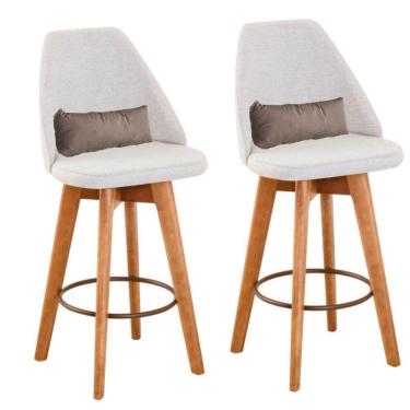 Imagem de Kit 02 Banquetas Alta Maya Giratória Com Encosto Linho Bege Claro e Almofada Suede Bege - Aurora Line