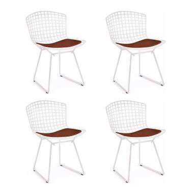 Imagem de Kit 4 Cadeiras Bertoia Branca Com Assento Marrom