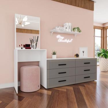 Imagem de Cômoda Penteadeira 6 Gavetas Valência Cinza/Branco