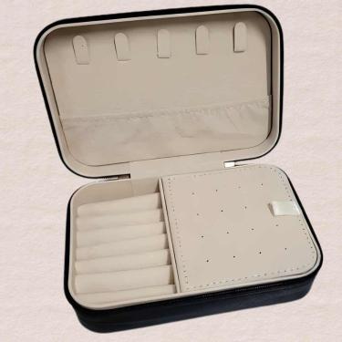 Imagem de Porta-Joias 16x11x5cm com Zíper, Divisórias e Suporte para Anéis – Preto/Rosa