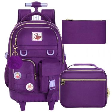 Imagem de Mochila escolar CCJPX com rodinhas roxa, conjunto 3 peças com lancheira e estojo, resistente à água