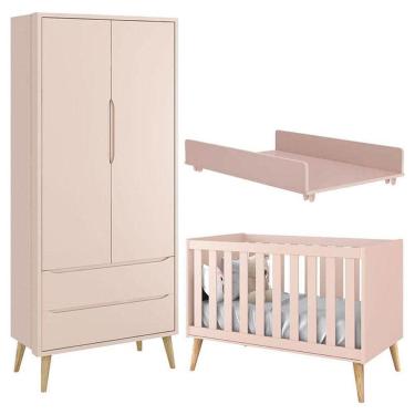 Imagem de Berço Americano E Guarda Roupa Theo 2 Portas Rosa Com Pés Madeira Natural Com Trocador Juju - Reller
