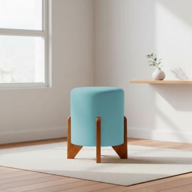 Imagem de Puff Decorativo Eloah Redondo Assento Extra para Sala Quarto Suede  Pufe com Pés de Madeira 