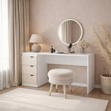 Imagem de Penteadeira com Espelho Redondo Porto Creme/Branco