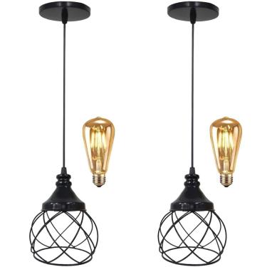 Imagem de 2 Pendentes Aramados Redondo + 2 Lâmpada Lustre Luminária Teto Regulável Sala Cozinha Industrial