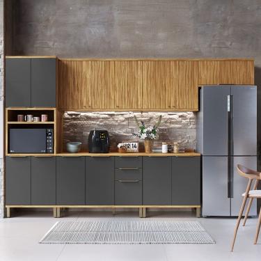 Imagem de Armário de Cozinha Modulada com Balcão e Tampo 14 Portas 3 Gavetas Nice Fresado 100% Mdf Amêndoa/Cinza - Pnr Móveis